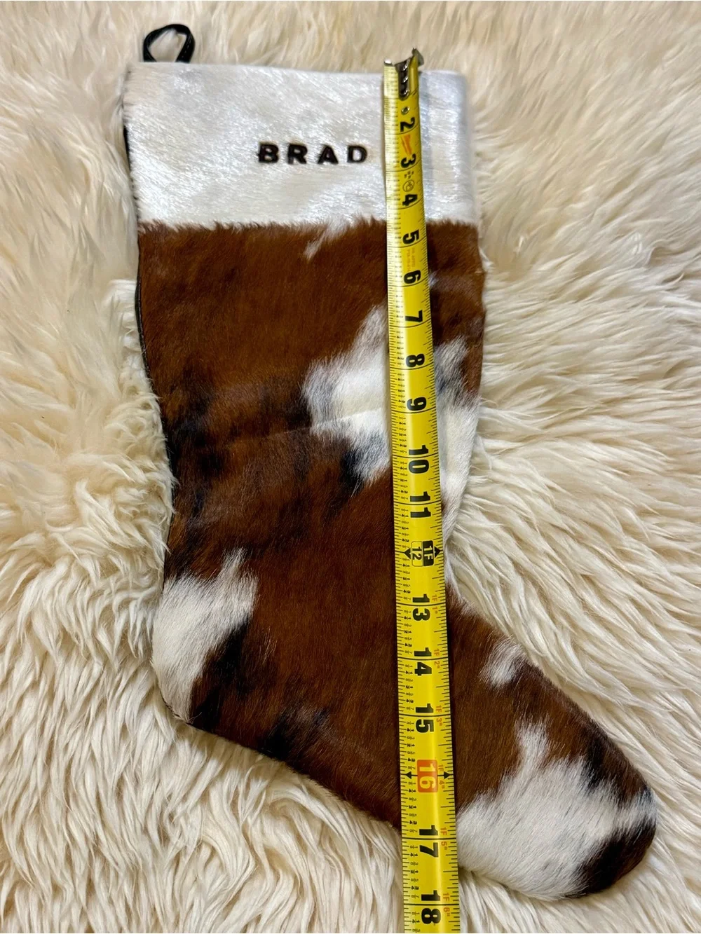 Personalized Branded BRAD Cowhide Leather Christmas Stocking - Brown & White